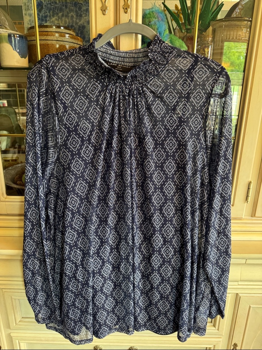 Lane Bryant Navy and White Geometric Smocked-Neck Blouse